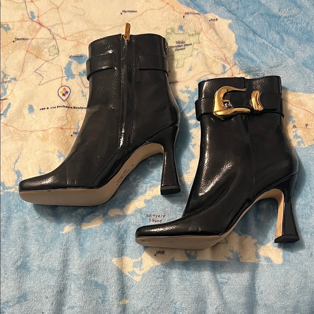 Circus by Sam Edelman Black Heeled Boots with Gold Buckle
